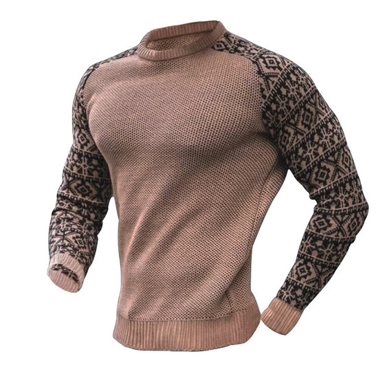 Cross-border foreign trade high-quality 2023 Autumn New waffle printing men's pullover base color matching sweater in stock