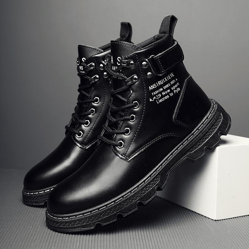 2022 New Autumn and Winter fleece-lined Martin Boots Men's Mid-range British Casual Thick Black Tooling Leather Boots