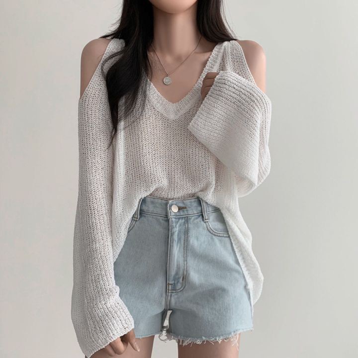 South Korea chic elegant V-neck off-shoulder loose lazy versatile casual sun protection solid color long sleeve sweater women's top_voghion.com