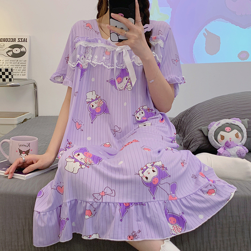 Foreign trade Kuromi nightgown large size fat mm 200 pounds loose short-sleeved pajamas pregnant girl big-eared dog home wear