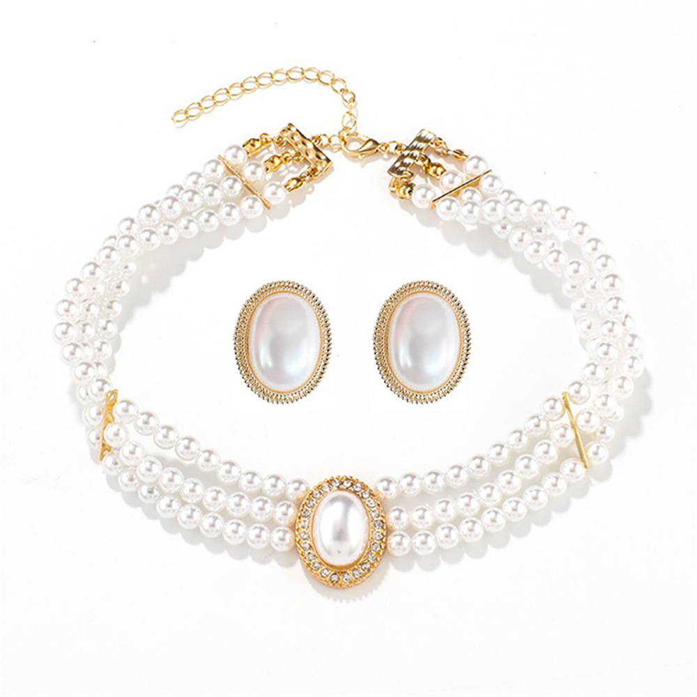 New Entry Light Luxury Vintage Oval Flash Diamond Bridal Pearl Necklace Women's French Style Dress Wedding Dress Performance Chain Earrings