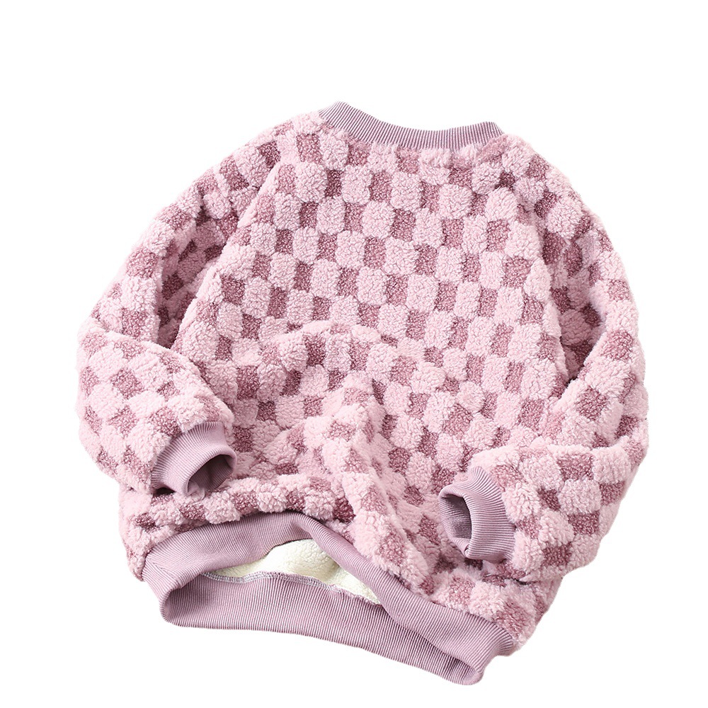 Autumn and Winter new children's sweater plush round neck sweater children's warm top fleece-lined thickened Plaid pullover