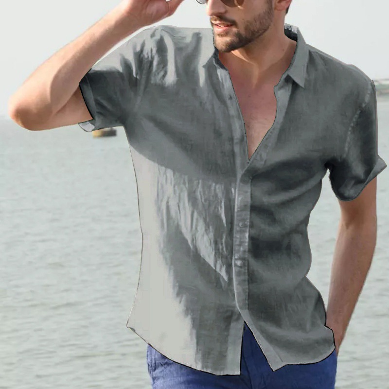 Men's Foreign Trade Summer New Cross-border Men's Solid Color Casual Short-sleeved Lapel Single-breasted Cardigan Shirt for Men