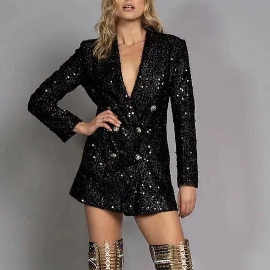 Cross-border new style European and American fashion lady v-neck temperament suit jacket double-breasted black sequin slim long top