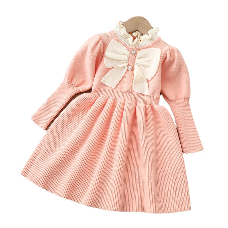 Girls' Sweater Dress Children's Knitted Dress 2022 Autumn and Winter New Arrival Bow Fashion Long Dress Baby Girl Skirt