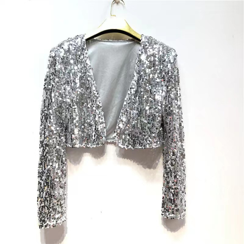 European and American Foreign trade sequined short all-match long-sleeved short coat women's fashion sequined small suit top cardigan performance clothing
