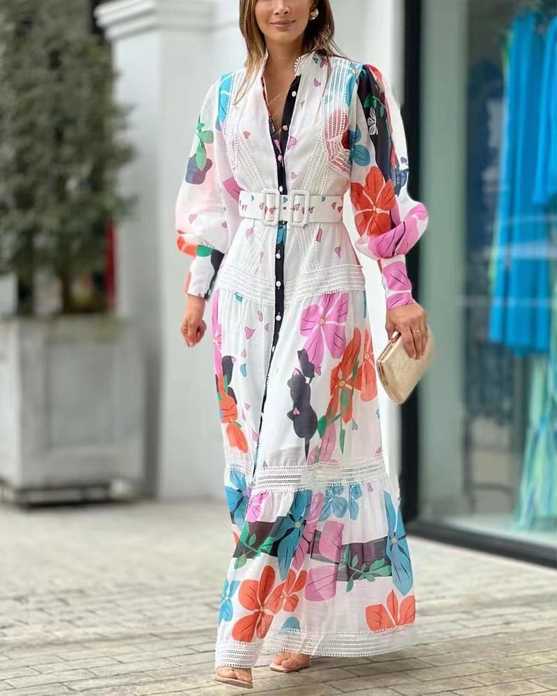 2023 Europe and the United States cross-border spring and summer new independent station AliExpress fashion printed lace stitching long dress