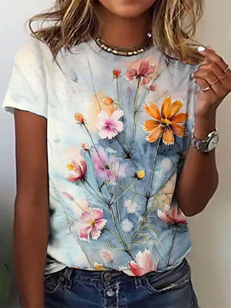 A large number of  Amazon AliExpress wish European and American summer flower print short-sleeved round neck short-sleeved T-shirt