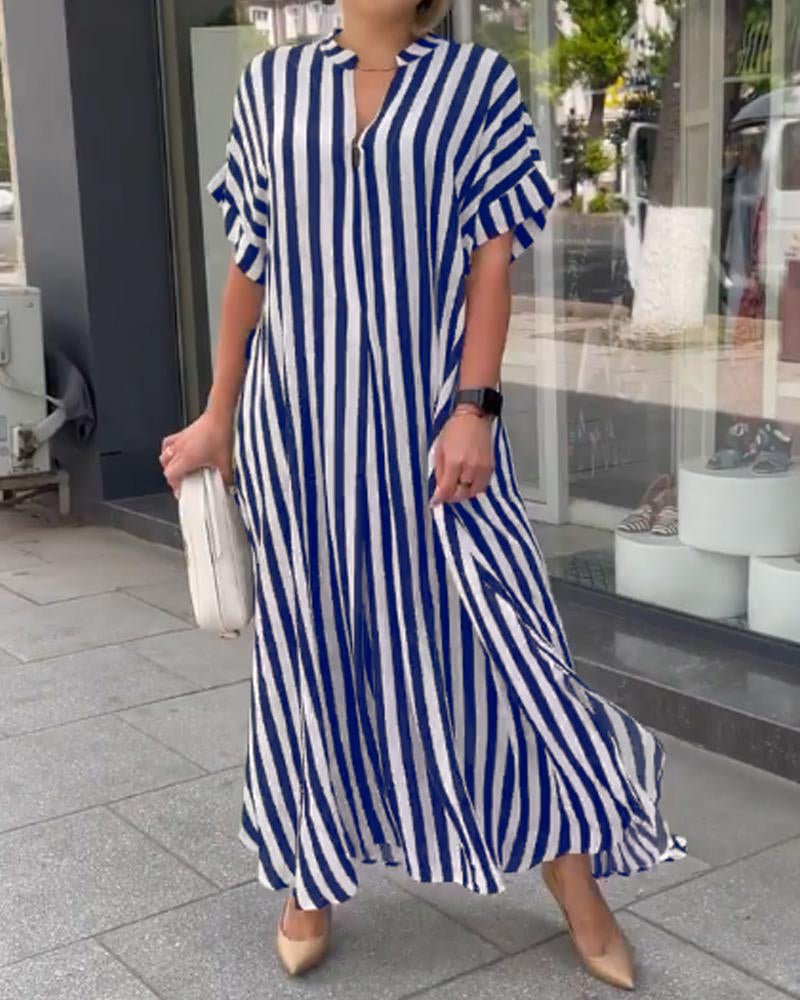 2022 European and American Women's AliExpress Independent Station Fashion Side Split Striped Cardigan Short Sleeve Dress W2865