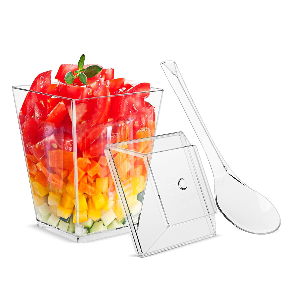PS Plastic Transparent 5oz150ml Square Dessert Cup with Cover and Spoon Mousse Cup Pudding Cup Cross-border Amazon