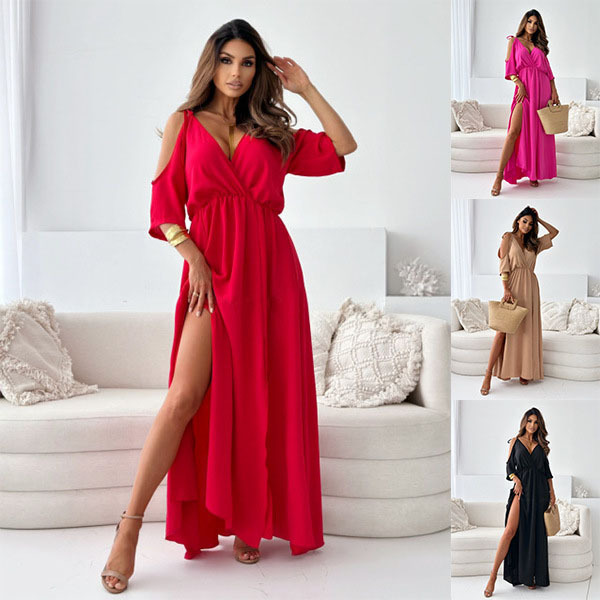 2024 Hot Sale V-neck Skirt Slit Dress Off-shoulder Sleeve Sexy Suspender Dress