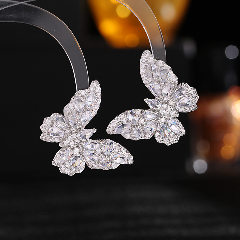 New European and American Earrings Heavy Industry High-grade Color Zircon Earrings Women's Atmospheric s925 Silver Needle Three-dimensional Butterfly Earrings