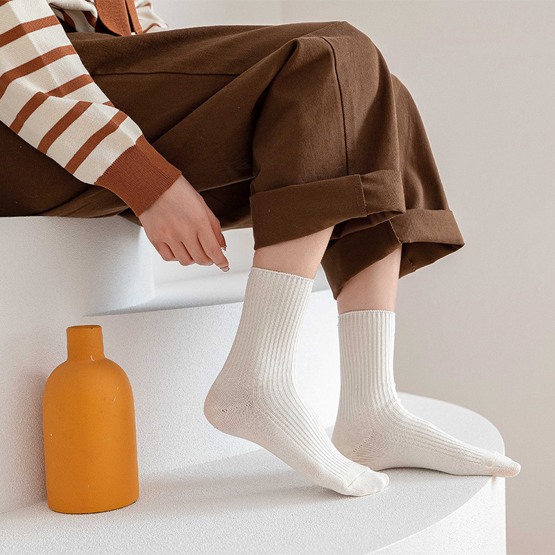 Japanese-style double-needle women's puffy socks, new spring and autumn women's socks, combed cotton women's retro casual long socks, striped socks