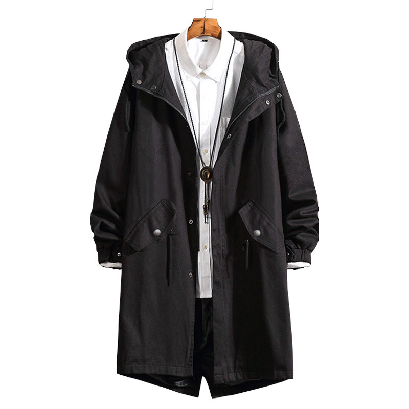 Windbreaker Men's Mid-length Hooded Coat Korean Style Slim-fit Coat New Style Coat Men's Spring and Autumn Handsome Coat