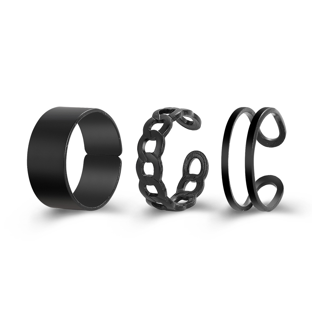Hip-hop Cold Style C- shaped Ring Set 3-piece Set Creative Wide Face Opening Finger Ring Chain Joint Ring_voghion.com