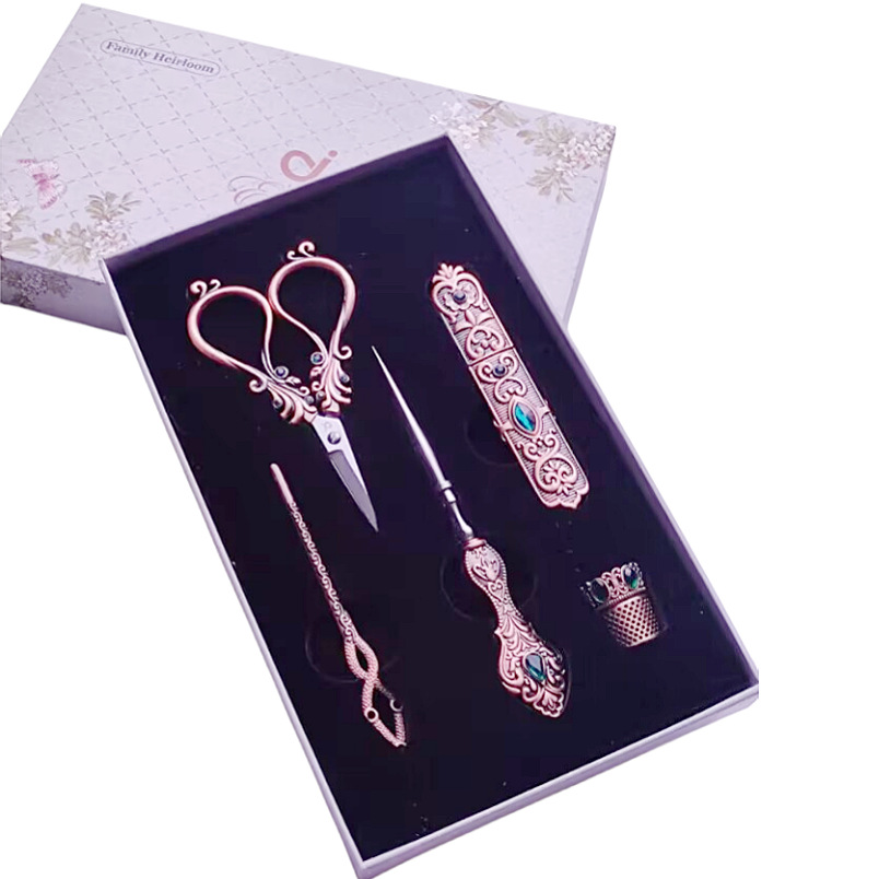 Genuine goods phoenix tail vintage scissors box pack five pieces suit awl thimble needle barrel Diamond-embedded