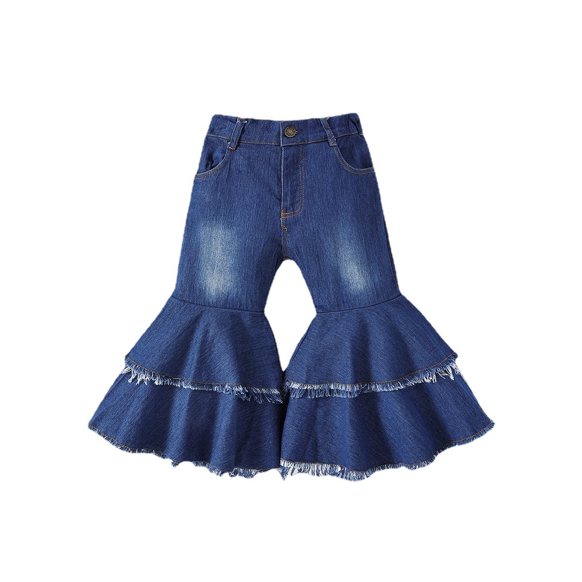 Cross-border children's clothing spring and autumn European and American style children's double-layer raw edge jeans girls all-match denim flared pants