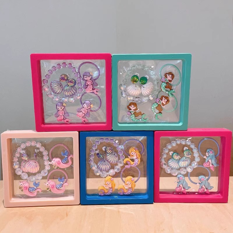 Children's Bracelet Set Unicorn Fishtail Hand Beaded Jewelry Cute Ear Clip Jewelry Gift Box Cross-border Jewelry