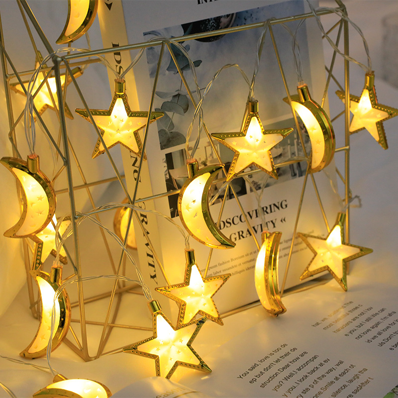 中东镀金星星月亮灯串金色电池灯古尔邦节镂空星月造型节日装饰灯