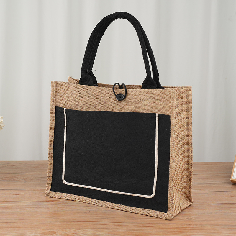 In stock wholesale jute bag canvas pocket linen bag Muji hemp bag DIY Internet celebrity linen bag with Button