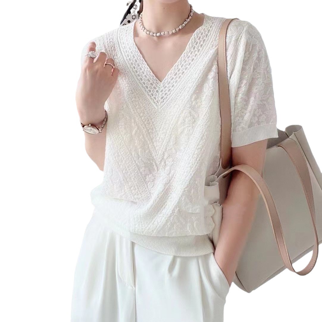 European Style Design Sense V-neck Knitted T-shirt Women's 2023 Summer New All-match Loose Fashionable Slimming Short-sleeved Sweater