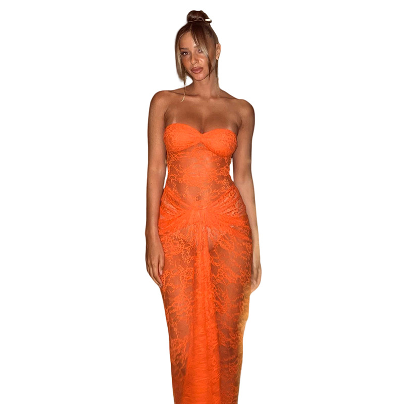 INS European and American Style 2023 Summer New Women's Fashion Sexy Wrap Chest Lace Perspective Slim-Fit Sheath Dress