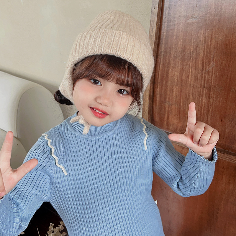 Gestrickte Ohrenschutzmütze für Kinder im japanischen Stil, neue Herbst- und Wintermütze aus dunkler, eleganter, warmer Wolle, einfarbige Strickmütze_voghion.com
