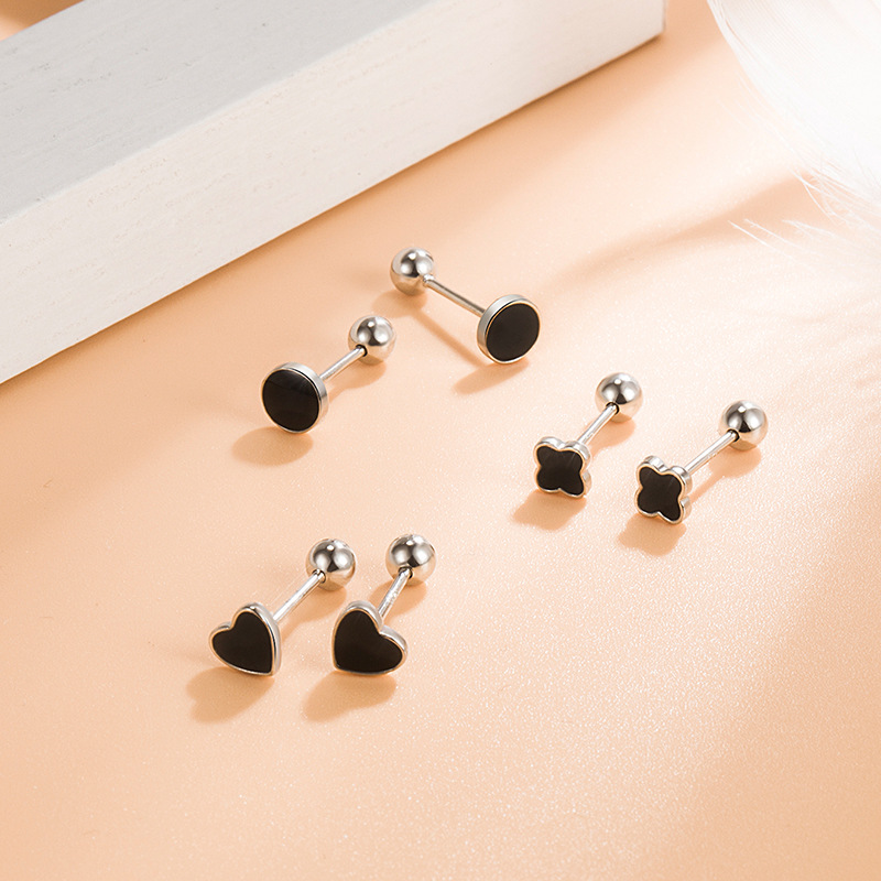 Unique small black ear bone stud female sleep-free heart round screw twist buckle New earrings