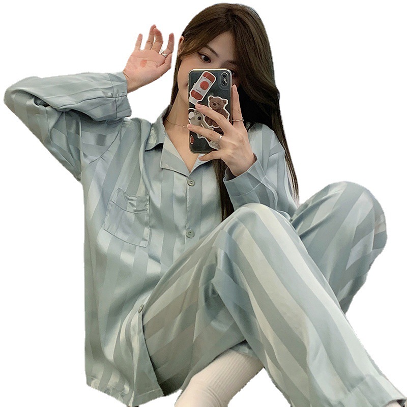 Spring and Autumn Pajamas Women's Summer Ice Silk Long Sleeve Suit Style Student ins Sexy Large Size Thin Silk Home Clothes