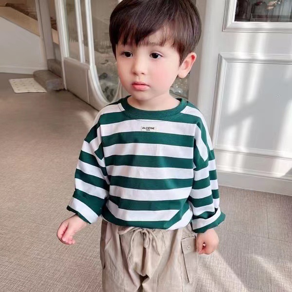 Autumn 2023 New Boys and Girls Long Sleeve Base Shirt Children's Korean Fashion Striped Round Neck Loose Striped Sweater
