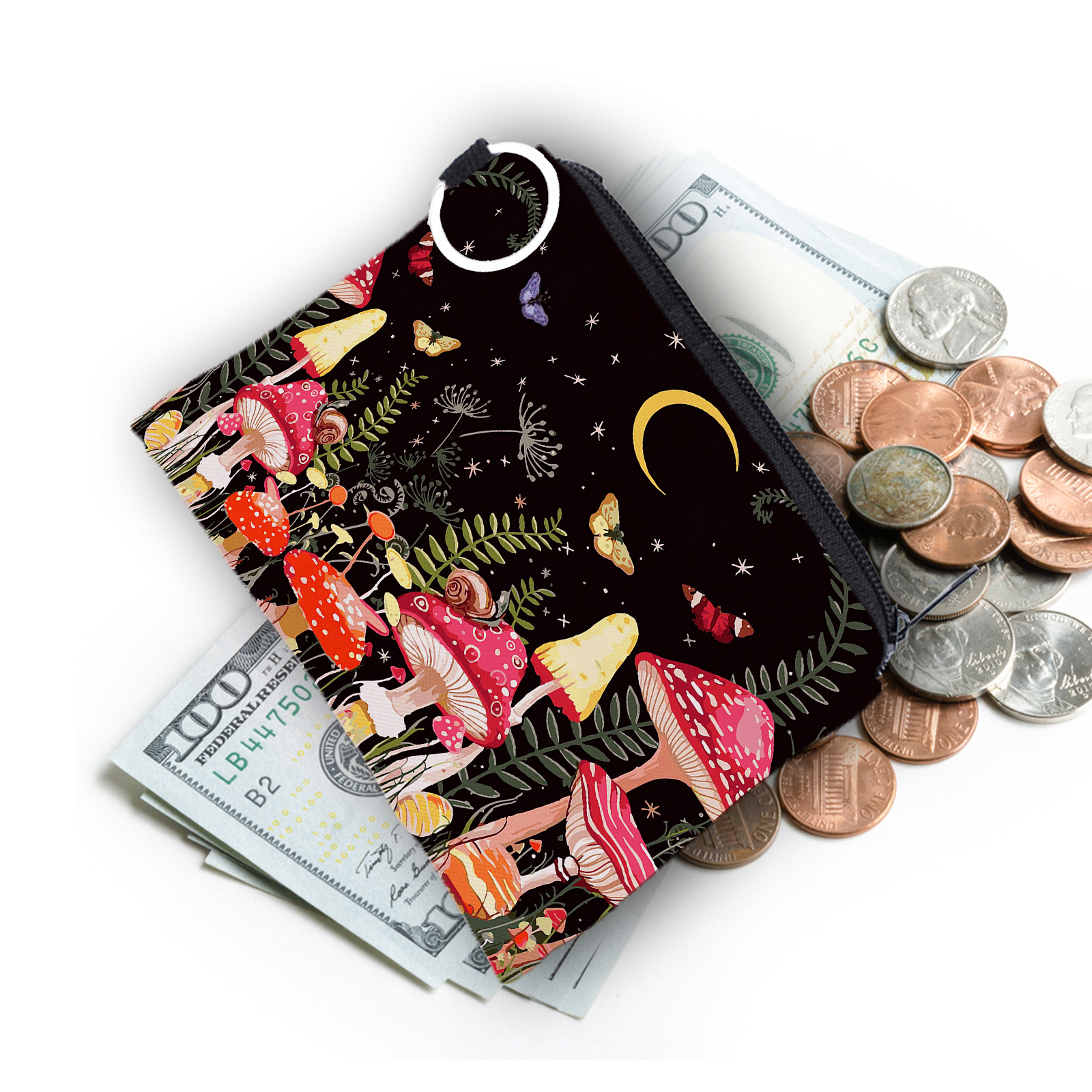 Amazon New Colorful Mushroom Printed Coin Purse Water-repellent Portable Personalized Storage Card Case Key Case
