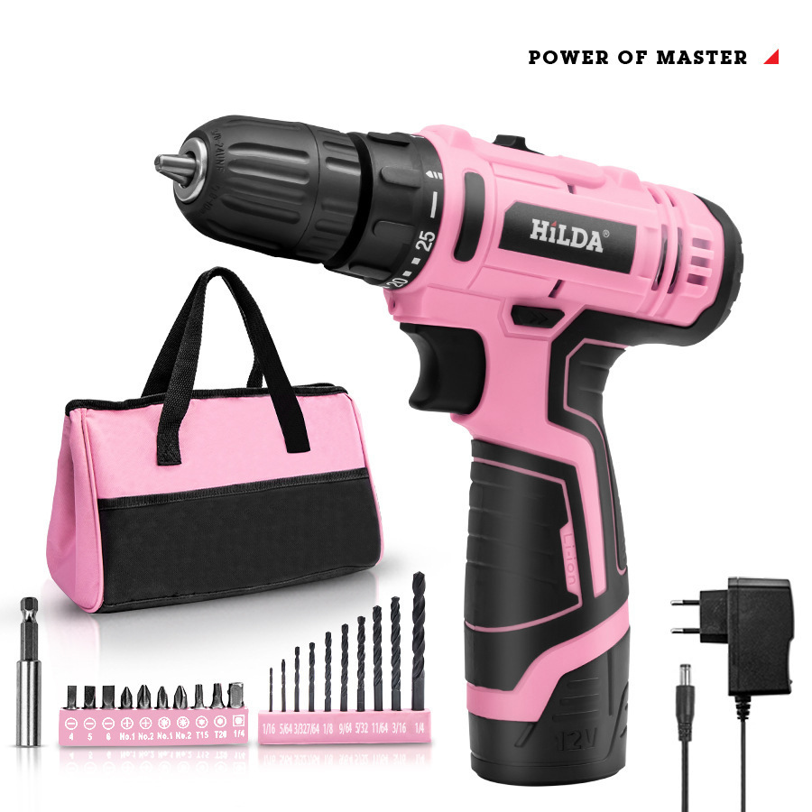 Rechargeable pink hand drill impact drill household suit lithium multi-function electric screwdriver repair tool