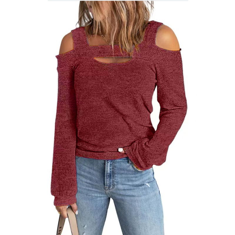 Autumn and Winter 2022 Europe and America Cross-border Amazon wish Women's Fashion Casual Solid Color Shoulder Loose Long Sleeve T-shirt for Women