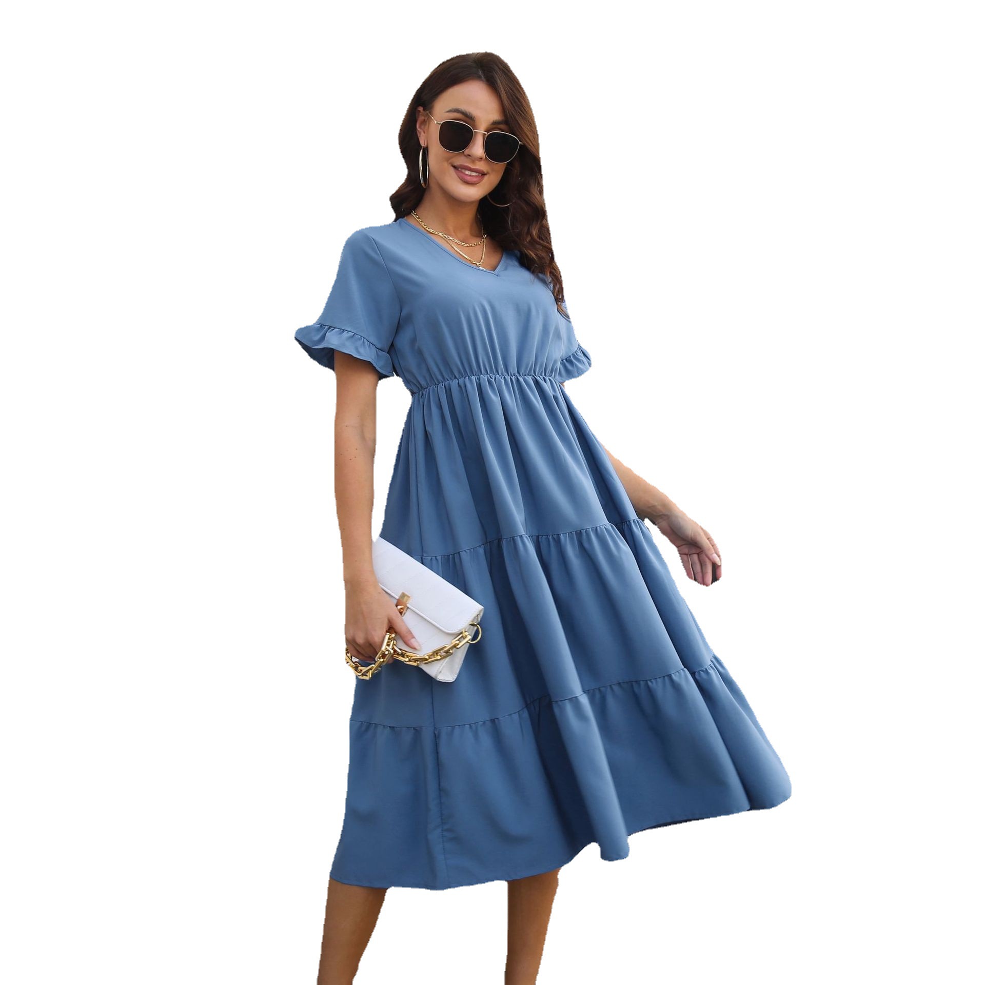 Ruffled Dress Short-sleeved V-neck Layered Large Skirt Women's Chiffon Summer New Amazon European and American Cross-border Women's Clothing