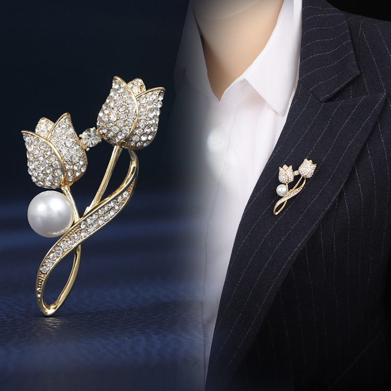 Brooch High-end Women's Suit Coat Pin All-match Anti-glare Tulip Flower Pearl Rhinestone Corsage Accessories - ShopShipShake