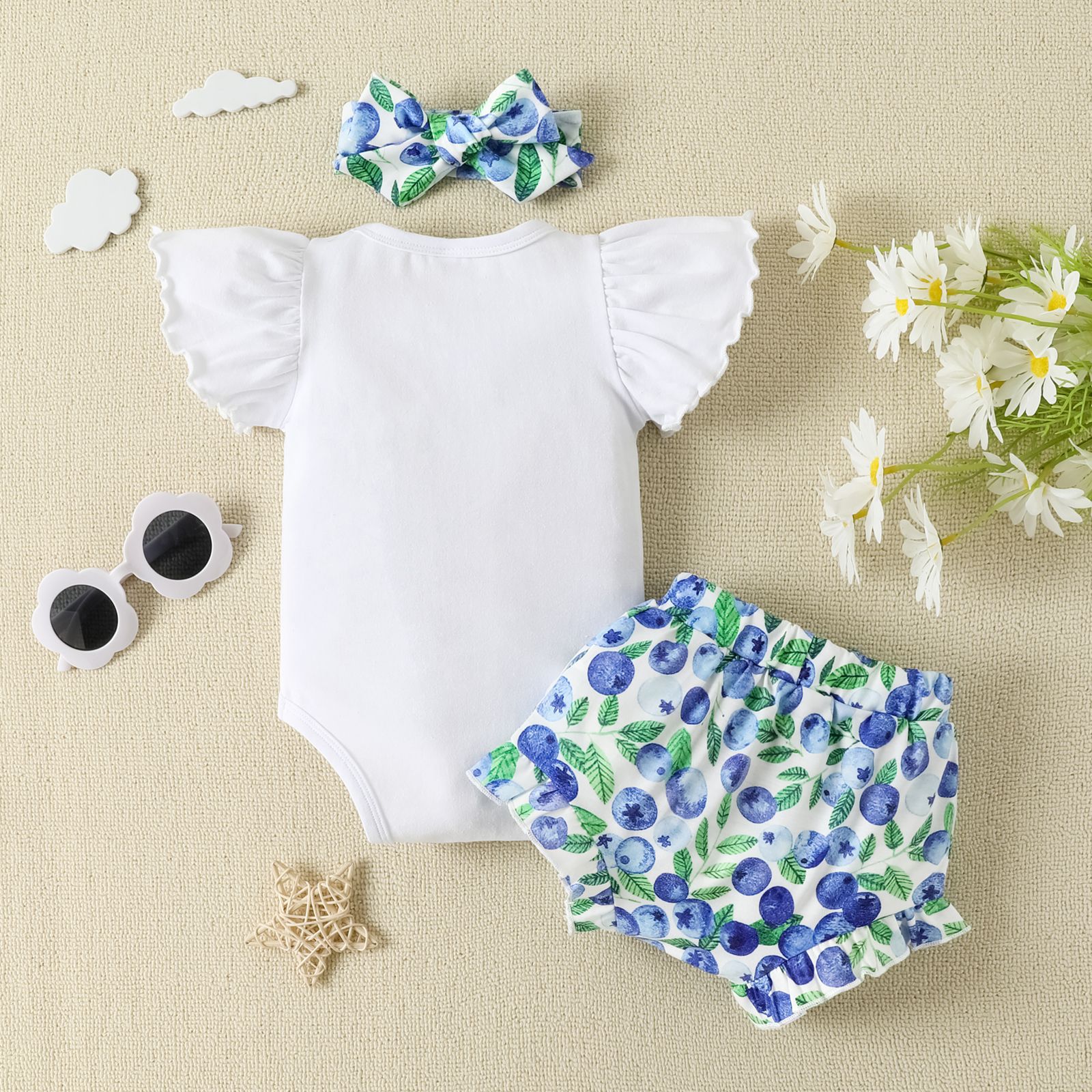 Cross-border Children's Wear Baby ins Summer Short-sleeved Set Printed Shorts with Hair Band Three-piece Set Foreign Trade Baby Children's Wear