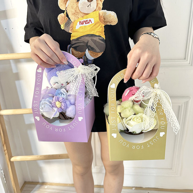New Cartoon Plush Doll Flower Basket Creative Tanabata Valentine's Day Gift Cute Simulation Rose Bouquet Wholesale