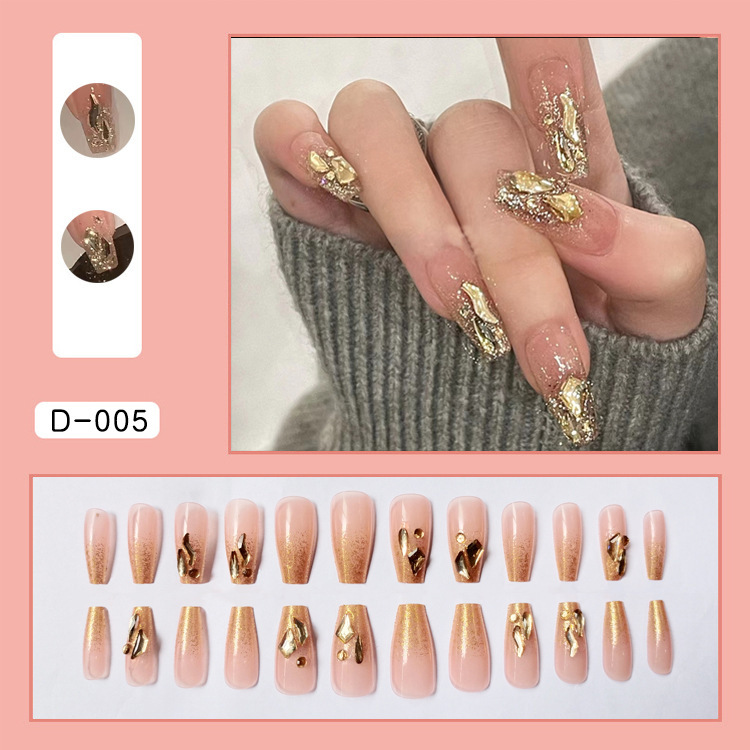 High-grade gold foil hot girl white manicure fake nail wear nail finished champagne flash diamond nail patch wholesale