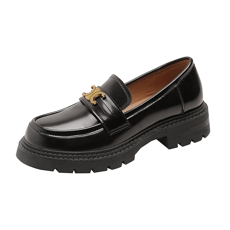 Loafers Thick-soled English Arc de Triomphe Shoes Women's Heightened Black Slip-on Round-toed fleece-lined Leather Shoes