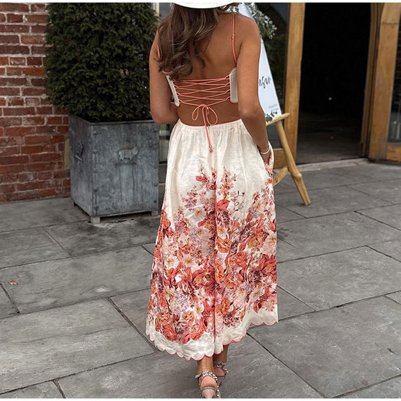 Fashion strap printed dress 2024 summer sleeveless slim ladies holiday A dress