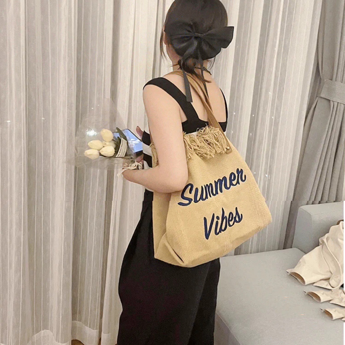 Bag Large Capacity Canvas Bag Embroidered Letters Tote Bag Handbag Women's Bag Woven Beach Bag Shoulder Bag Bags