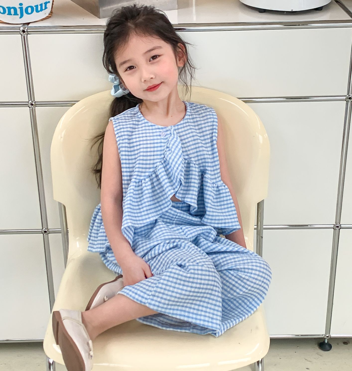 Girls' suit plaid fashion style personalized top lengthened 24 summer new foreign trade children's clothing for 3-8 years old