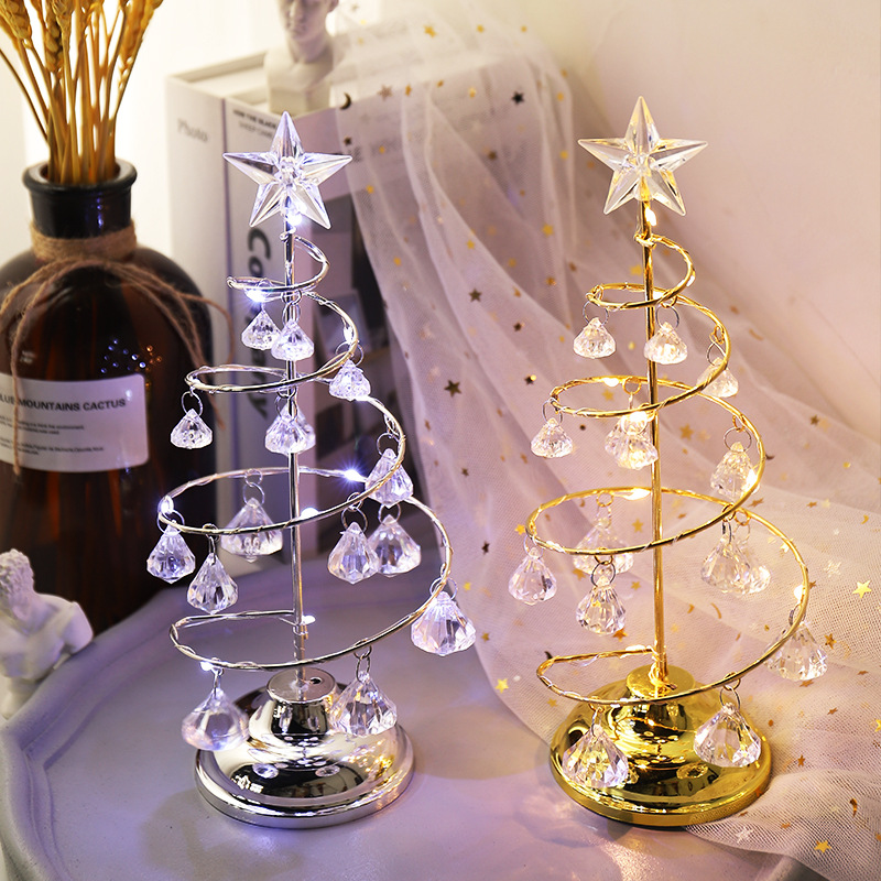 Christmas decorations gift plating wrought iron tree LED luminous crystal Christmas tree crystal table ornaments night light