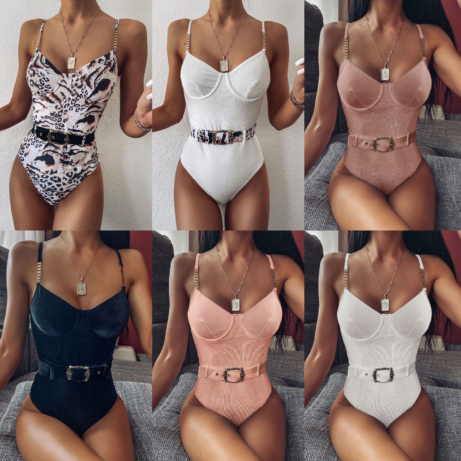 New Amazon European and American Women's One-piece Swimsuit Special Cloth Waist Buckle Metal Chain Shoulder Strap Sexy One-piece Bikini