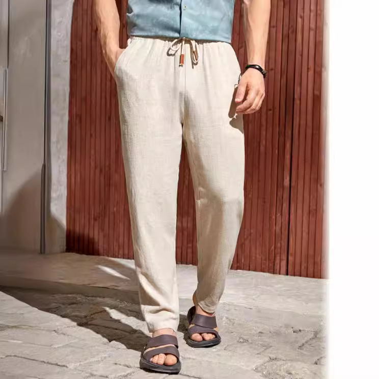 2023 Amazon independent station European and American new men's casual cotton and linen drawstring trousers