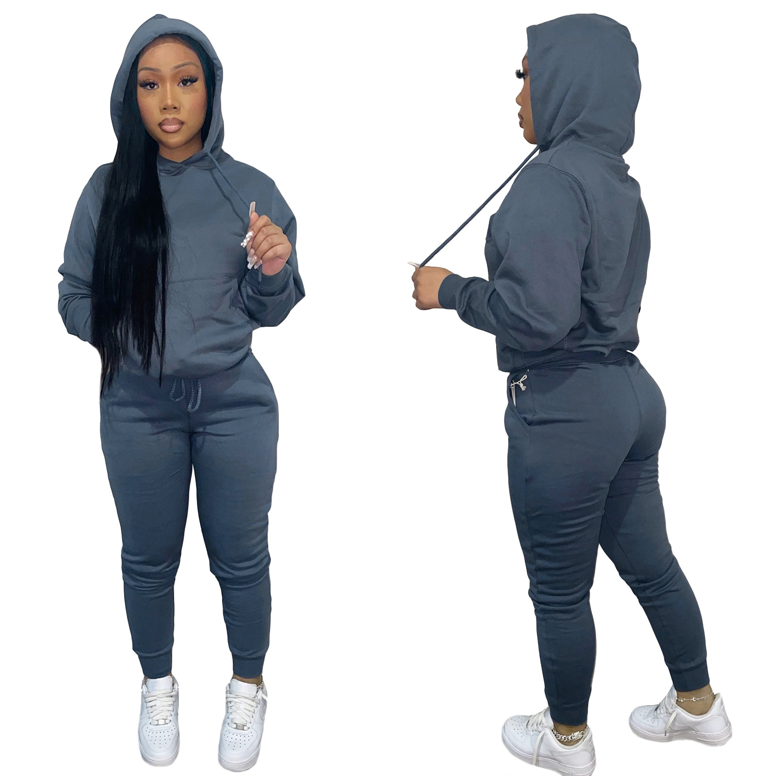 HR8197 European and American women's clothing  independent station supply autumn and winter plus velvet drawstring hooded two-piece set_voghion.com