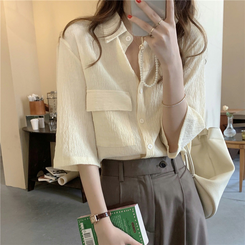 Vintage Cropped Sleeve Shirt Women's 2023 Summer New Style Design Pleated Top Lazy Style Loose Shirt