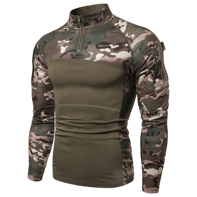 2024 Amazon Men's Military Battlefield Outdoor Elastic Fitness Camouflage Long Sleeve T-Shirt Men's Zipper Pocket Men's Clothing
