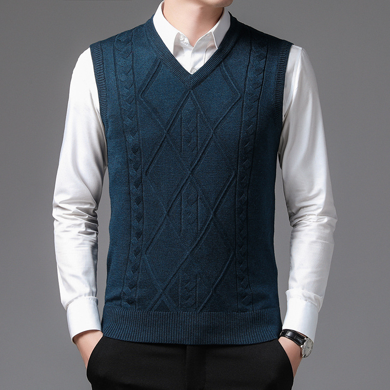 2023 autumn new wool vest men's middle-aged jacquard business casual pullover men's V vest dad outfit