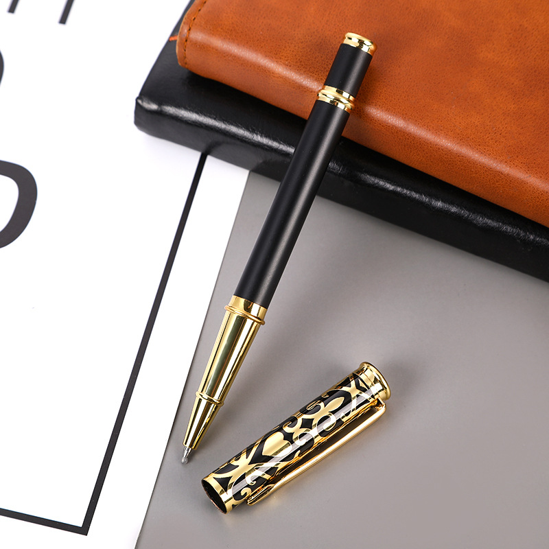 Black business metal signature pen printing logo hollow carved pearl pen 0.5mm gel pen advertising water pen